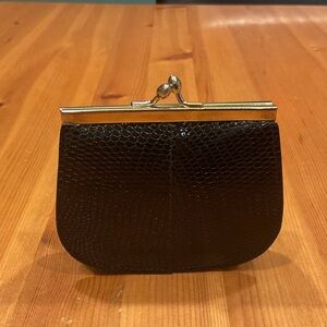 VINTAGE LEATHER COIN PURSE BLACK LIZARD SKIN MID CENTURY 2 SECTIONS KISS LOCK